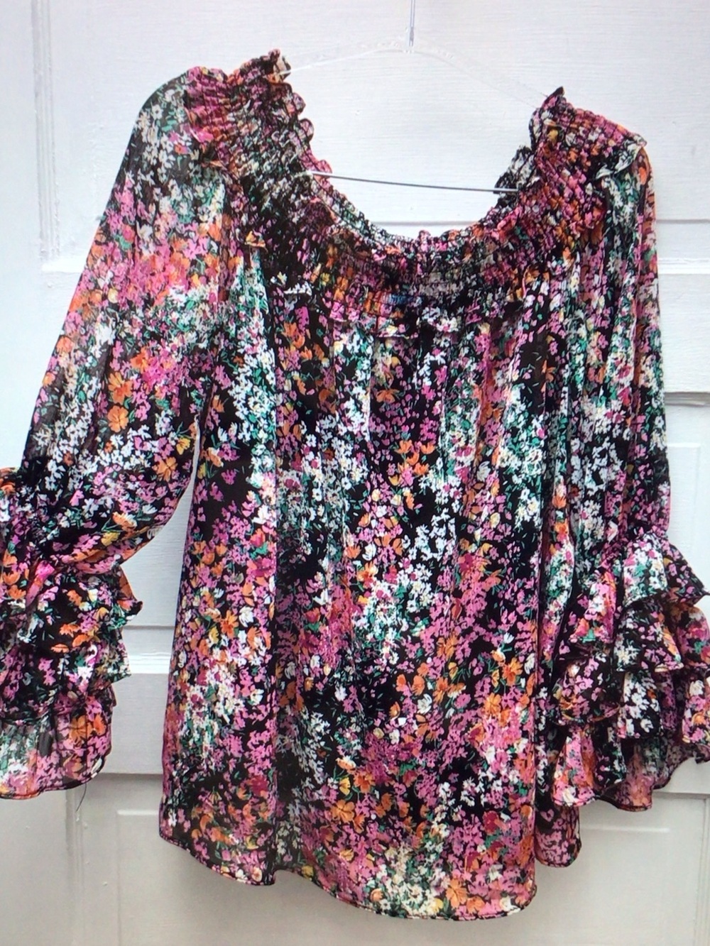 CeCe Black Floral Smocked Ruffle Blouse